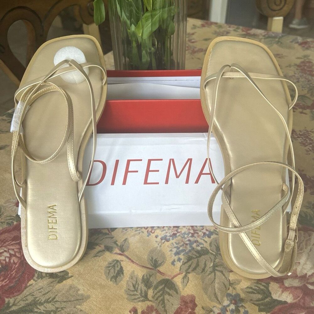 DIFEMA Champagne Gold Strappy Sandals Synthetic Buckle Closure Women's 8